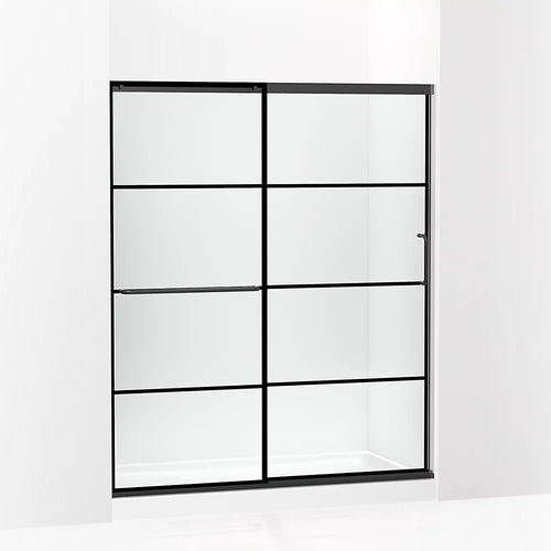 Kohler Sliding shower door, 70-1/2" H x 56-1/4 - 59-5/8" W, with 1/4" thick Crystal Clear glass with rectangular grille pattern