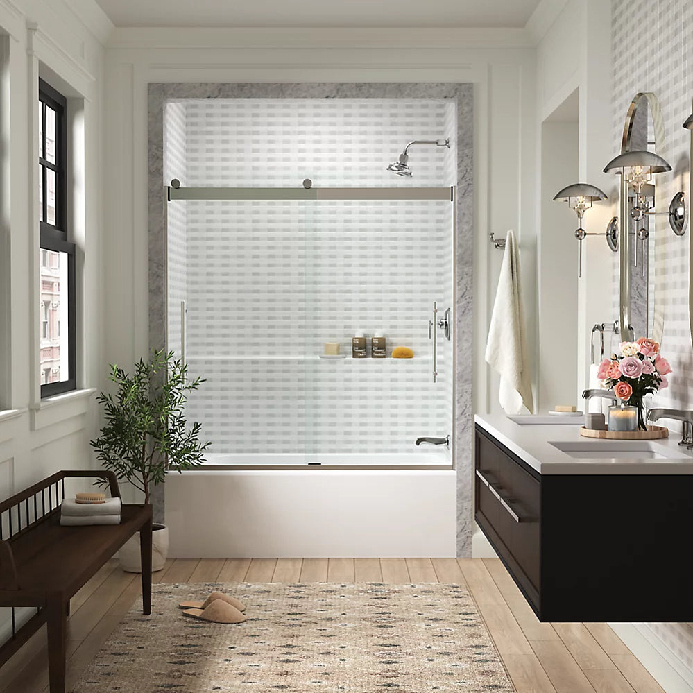 Kohler Frameless sliding bath door, 61-9/16" H x 56-5/8 - 59-5/8" W, with 5/16"-thick Crystal Clear glass