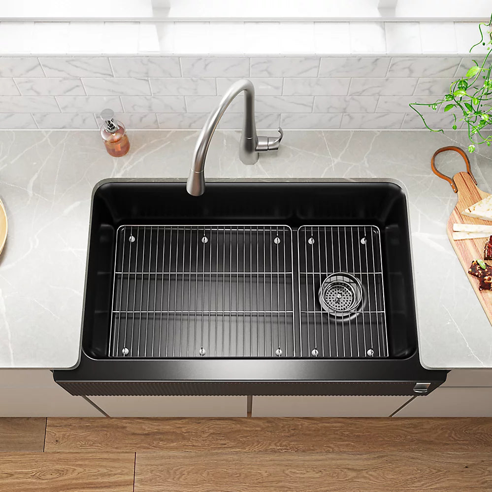 Kohler 34" undermount single-bowl farmhouse kitchen sink with fluted design