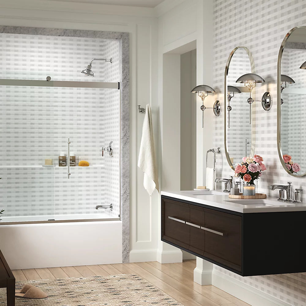 Kohler Frameless sliding bath door, 61-9/16" H x 56-5/8 - 59-5/8" W, with 5/16"-thick Crystal Clear glass