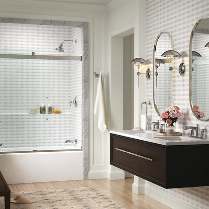 Kohler Frameless sliding bath door, 61-9/16" H x 56-5/8 - 59-5/8" W, with 5/16"-thick Crystal Clear glass