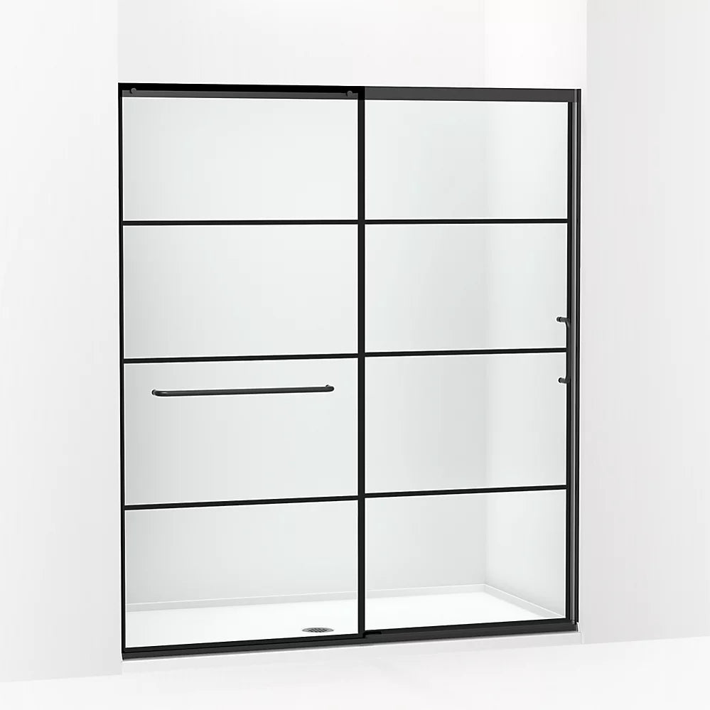 Kohler Sliding shower door, 75-1/2" H x 62-1/4 - 65-5/8" W, with heavy 5/16" thick Crystal Clear glass with rectangular grille pattern