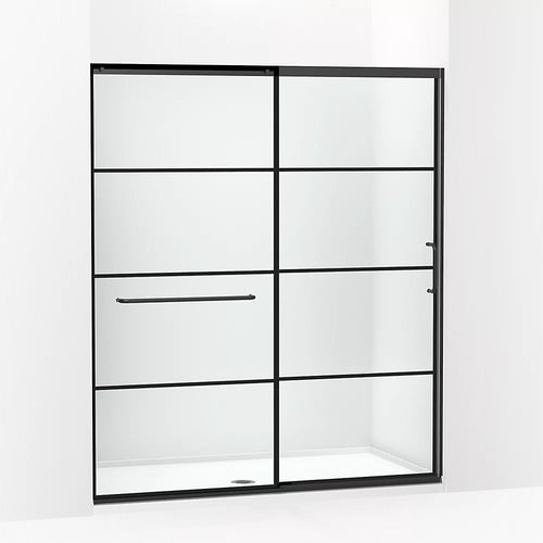 Kohler Sliding shower door, 75-1/2" H x 62-1/4 - 65-5/8" W, with heavy 5/16" thick Crystal Clear glass with rectangular grille pattern