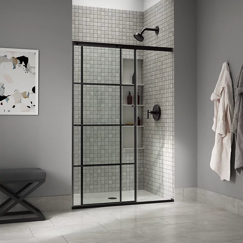 Kohler Sliding shower door, 70-1/2" H x 44-1/4 - 47-5/8" W, with 1/4" thick Crystal Clear glass with rectangular grille pattern