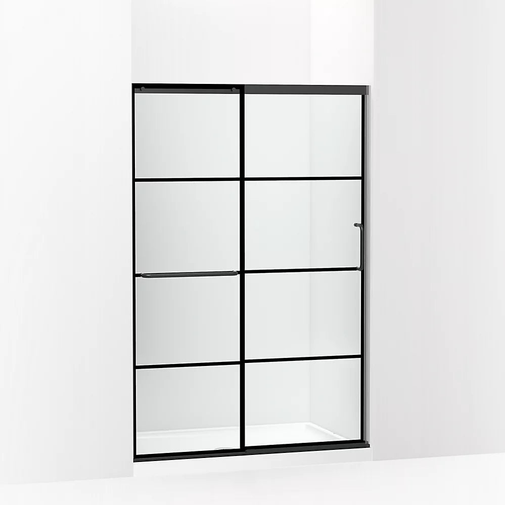 Kohler Sliding shower door, 70-1/2" H x 44-1/4 - 47-5/8" W, with 1/4" thick Crystal Clear glass with rectangular grille pattern