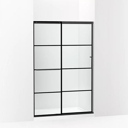 Kohler Sliding shower door, 70-1/2" H x 44-1/4 - 47-5/8" W, with 1/4" thick Crystal Clear glass with rectangular grille pattern