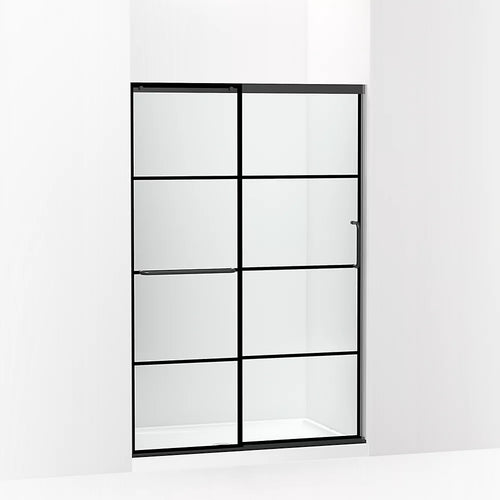 Kohler Sliding shower door, 70-1/2" H x 44-1/4 - 47-5/8" W, with 1/4" thick Crystal Clear glass with rectangular grille pattern