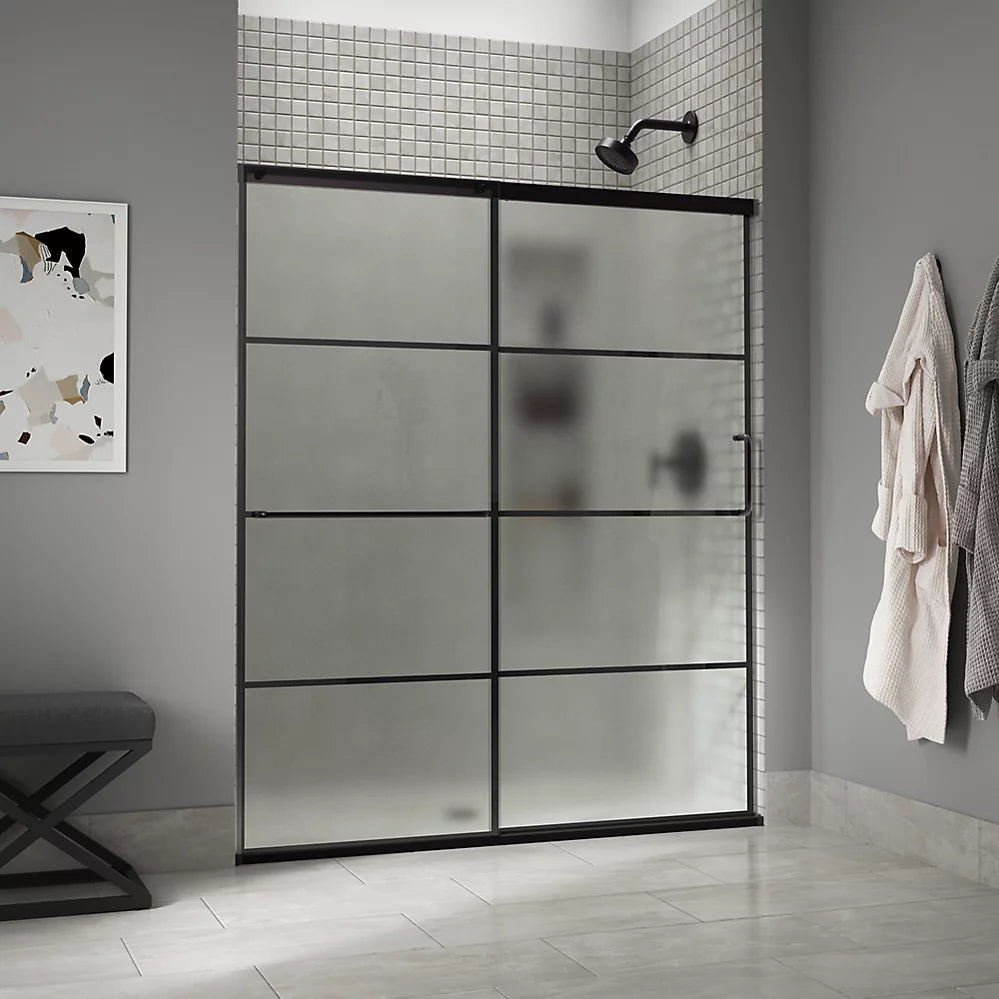 Kohler Sliding shower door, 75-1/2" H x 56-1/4 - 59-5/8" W, with heavy 5/16" thick Frosted glass with rectangular grille pattern