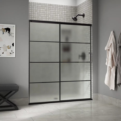 Kohler Sliding shower door, 75-1/2" H x 56-1/4 - 59-5/8" W, with heavy 5/16" thick Frosted glass with rectangular grille pattern