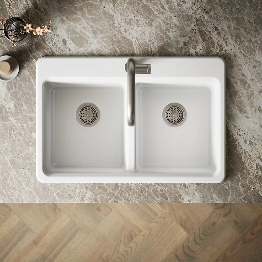 Kohler Riverby® 33" top-mount double-bowl workstation kitchen sink