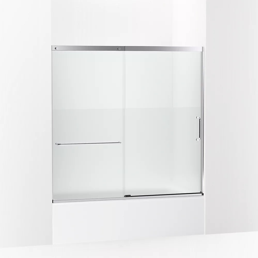 Kohler Sliding bath door, 56-3/4" H x 56-1/4 - 59-5/8" W with heavy 5/16" thick Crystal Clear glass with privacy band