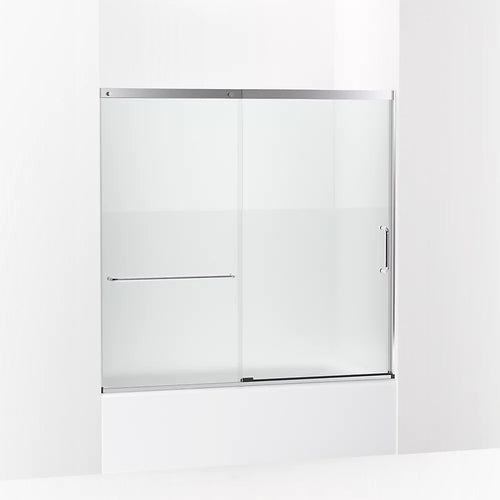 Kohler Sliding bath door, 56-3/4" H x 56-1/4 - 59-5/8" W with heavy 5/16" thick Crystal Clear glass with privacy band