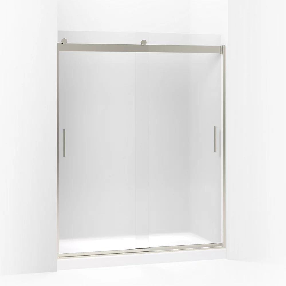 Kohler Sliding shower door, 74" H x 56-5/8 - 59-5/8" W, with 1/4" thick Frosted glass and blade handles