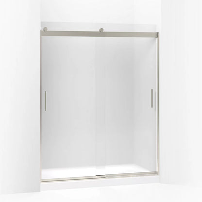 Kohler Sliding shower door, 74" H x 56-5/8 - 59-5/8" W, with 1/4" thick Frosted glass and blade handles