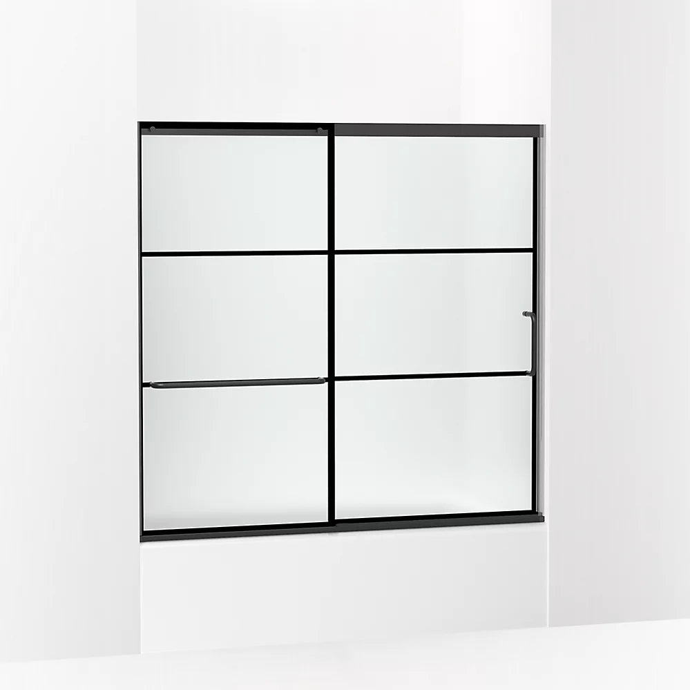 Kohler Sliding bath door, 56-3/4" H x 56-1/4 - 59-5/8" W, with 1/4" thick Frosted glass with rectangular grille pattern