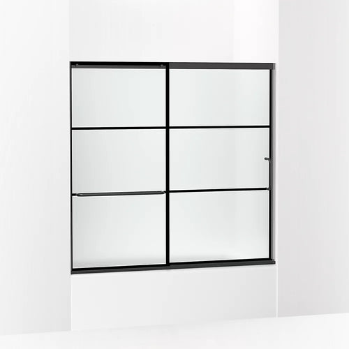 Kohler Sliding bath door, 56-3/4" H x 56-1/4 - 59-5/8" W, with 1/4" thick Frosted glass with rectangular grille pattern