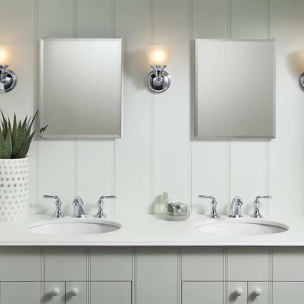Kohler 16" W x 20" H aluminum single-door medicine cabinet with mirrored door, beveled edges