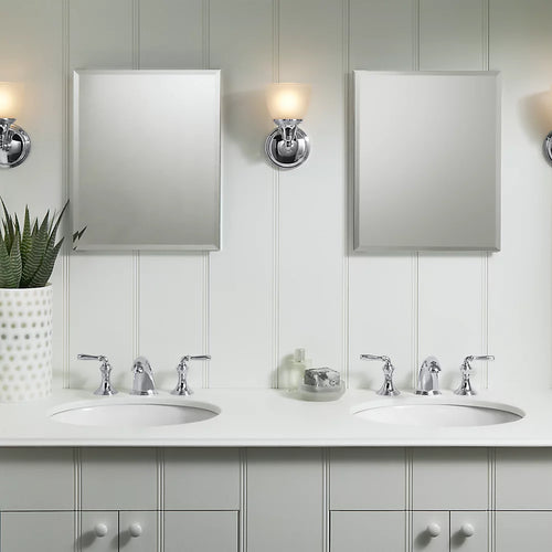 Kohler 16" W x 20" H aluminum single-door medicine cabinet with mirrored door, beveled edges