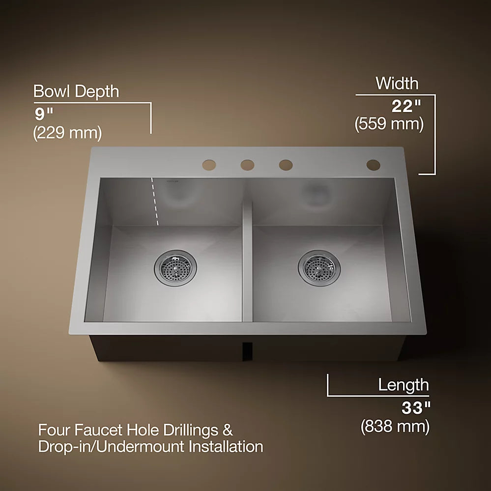 Kohler Vault™ Smart Divide® 33" top-/undermount double-bowl kitchen sink