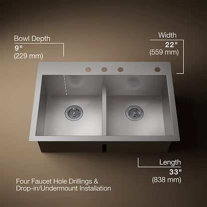 Kohler Vault™ Smart Divide® 33" top-/undermount double-bowl kitchen sink