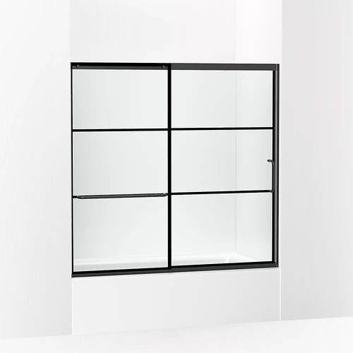 Kohler Sliding bath door, 56-3/4" H x 56-1/4 - 59-5/8" W with heavy 5/16" thick Crystal Clear glass with rectangular grille pattern