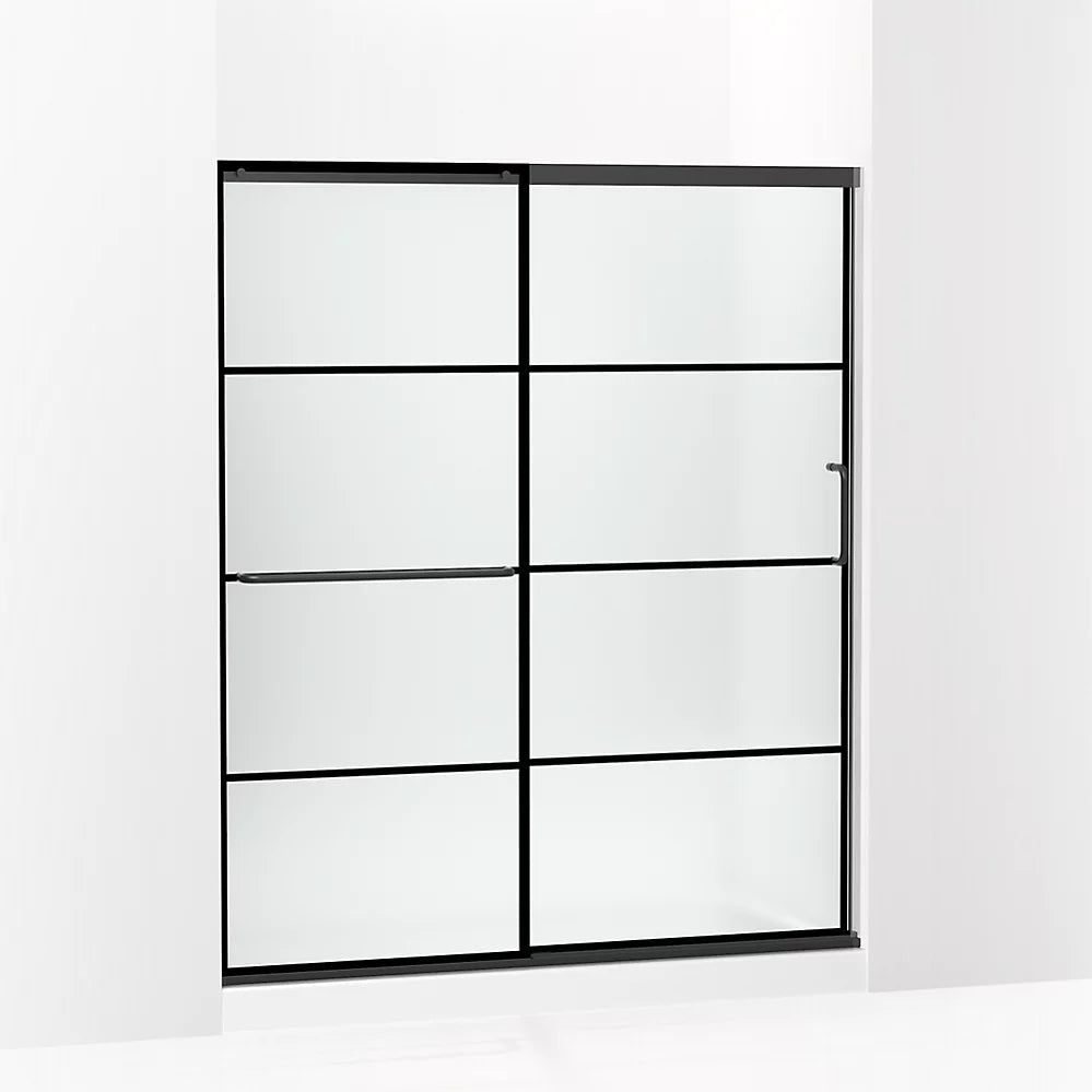 Kohler Sliding shower door, 70-1/2" H x 56-1/4 - 59-5/8" W, with 1/4" thick Frosted glass with rectangular grille pattern