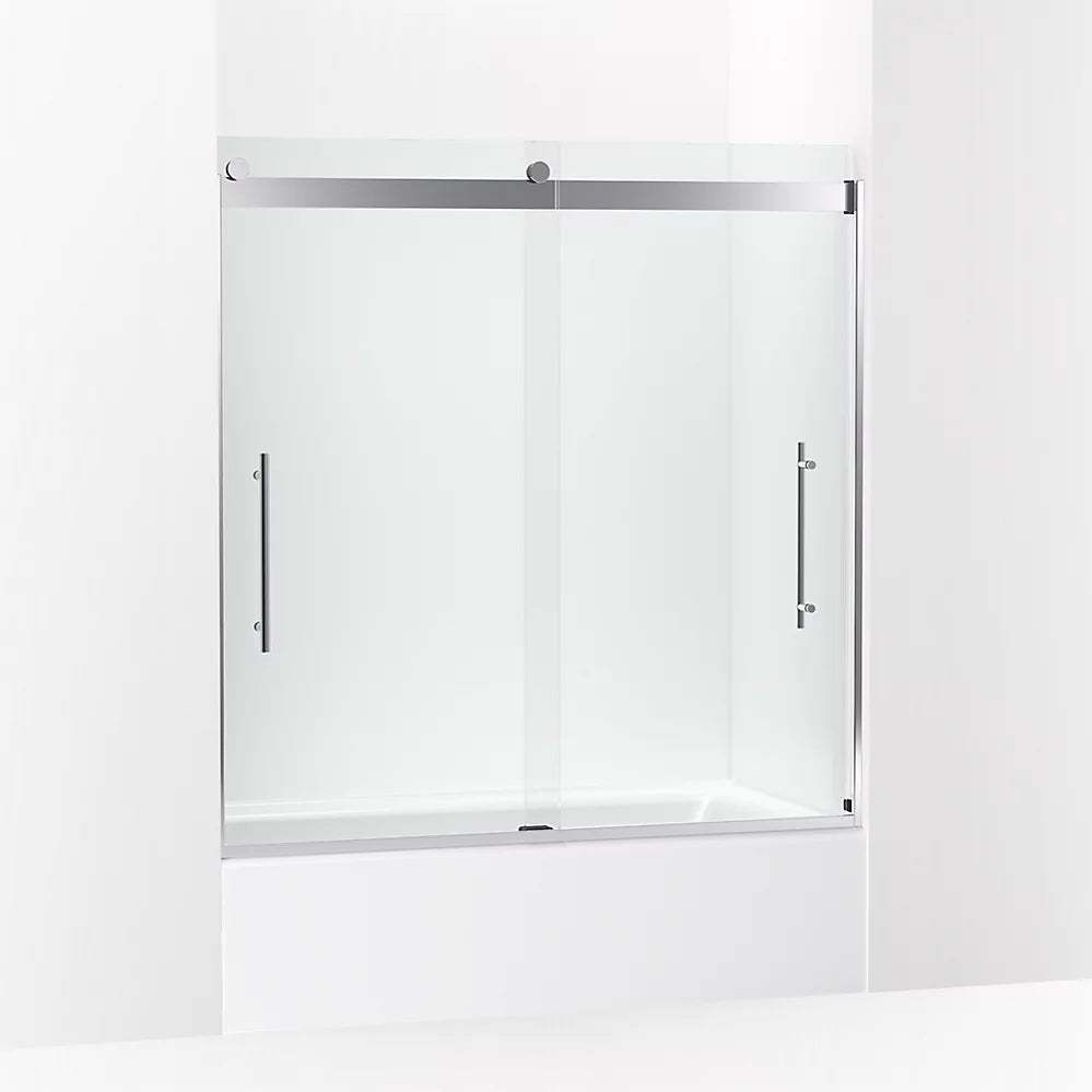 Kohler Frameless sliding bath door, 61-9/16" H x 56-5/8 - 59-5/8" W, with 3/8"-thick Crystal Clear glass