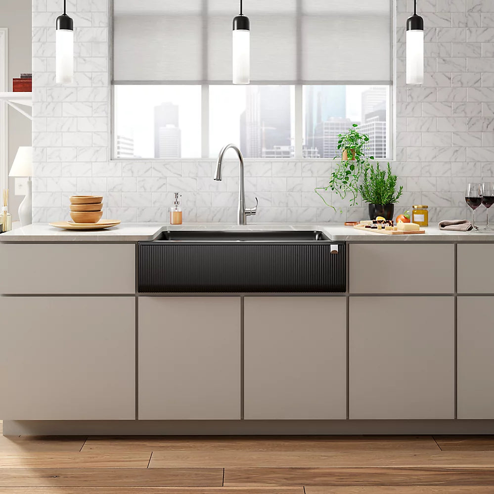 Kohler 34" undermount single-bowl farmhouse kitchen sink with fluted design