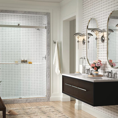Kohler Frameless sliding shower door, 77-9/16" H x 56-5/8 - 59-5/8" W, with 5/16"-thick Crystal Clear glass