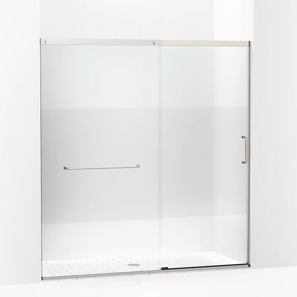 Kohler Sliding shower door, 75-1/2" H x 68-1/4 - 71-5/8" W, with heavy 5/16" thick Crystal Clear glass with privacy band