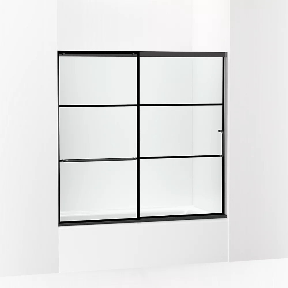 Kohler Sliding bath door, 56-3/4" H x 56-1/4 - 59-5/8" W, with 1/4" thick Crystal Clear glass with rectangular grille pattern