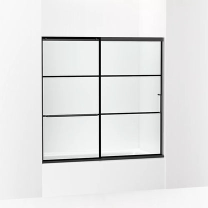 Kohler Sliding bath door, 56-3/4" H x 56-1/4 - 59-5/8" W, with 1/4" thick Crystal Clear glass with rectangular grille pattern