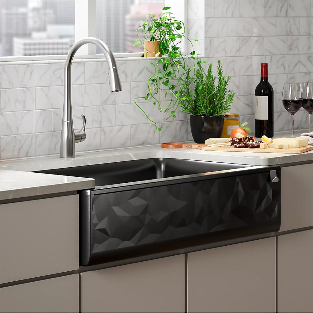 Kohler 34" undermount single-bowl farmhouse kitchen sink with faceted design