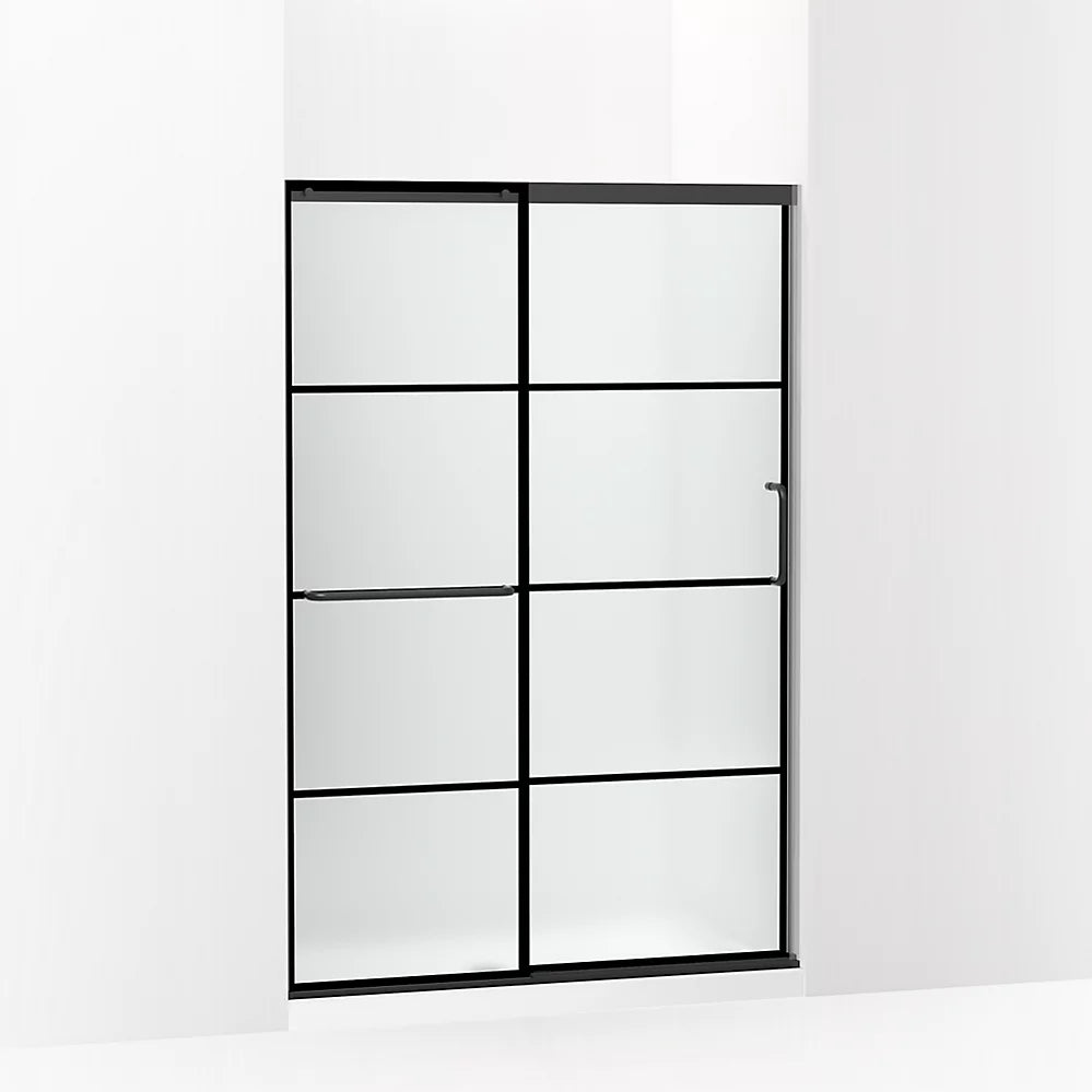 Kohler Sliding shower door, 70-1/2" H x 44-1/4 - 47-5/8" W, with 1/4" thick Frosted glass with rectangular grille pattern