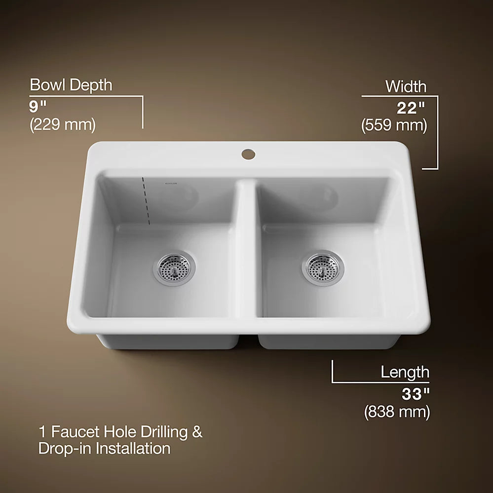 Kohler Riverby® 33" top-mount double-bowl workstation kitchen sink