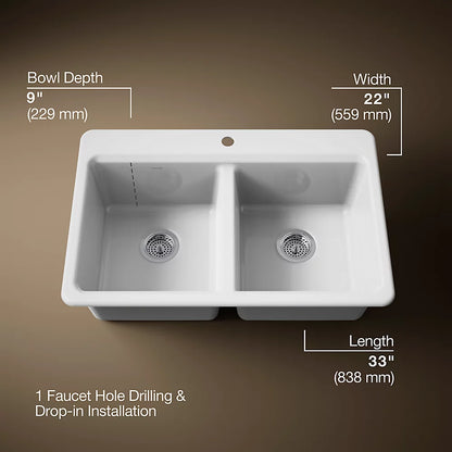 Kohler Riverby® 33" top-mount double-bowl workstation kitchen sink