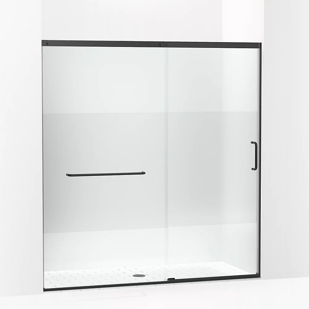 Kohler Sliding shower door, 75-1/2" H x 68-1/4 - 71-5/8" W, with heavy 5/16" thick Crystal Clear glass with privacy band