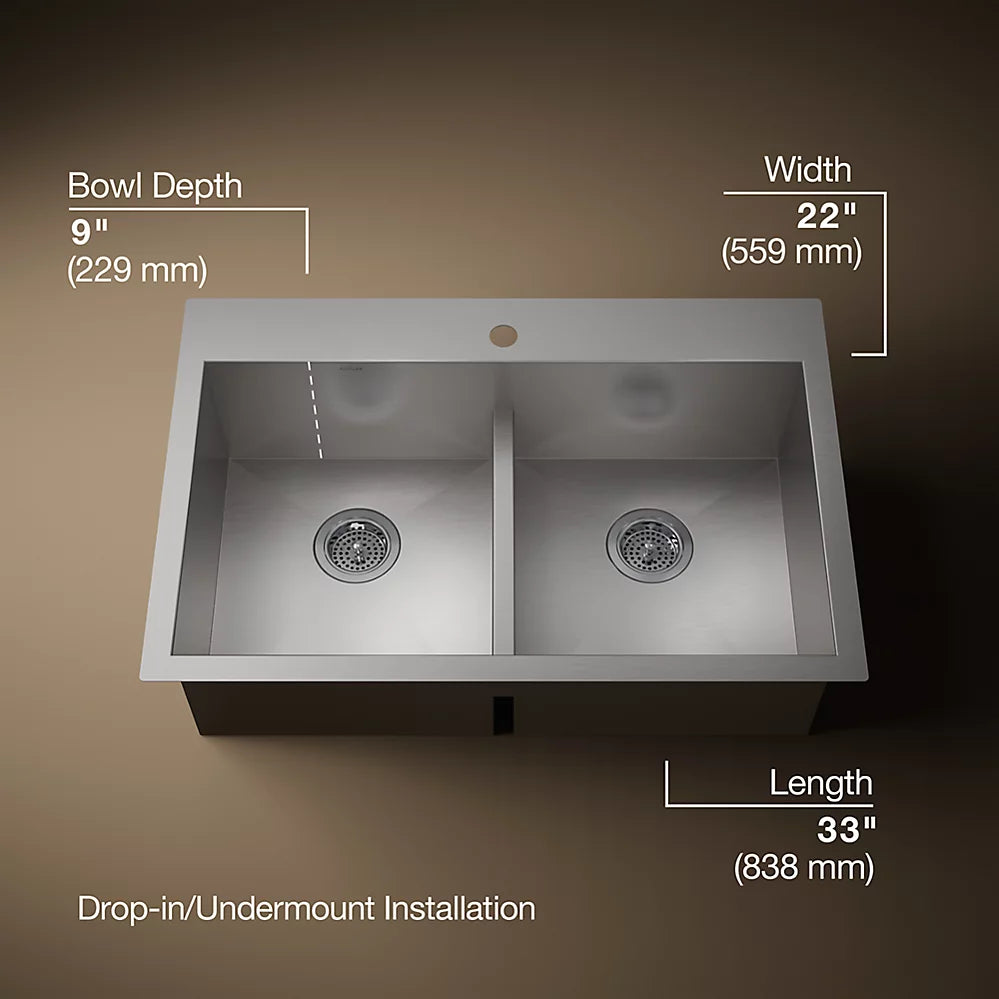 Kohler Vault™ Smart Divide® 33" top-/undermount double-bowl kitchen sink