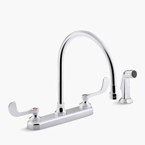 Kohler 1.5 gpm kitchen sink faucet with 9-5/16" gooseneck spout, matching finish sidespray, aerated flow and wristblade handles
