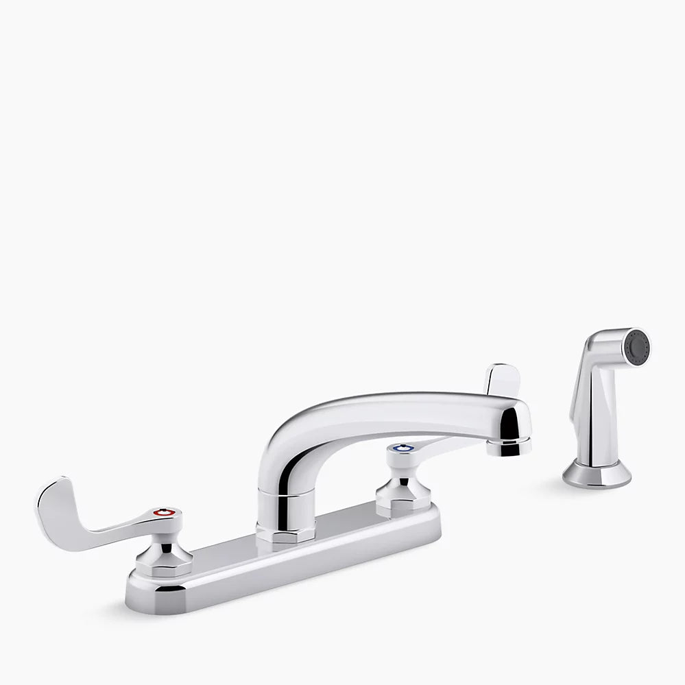 Kohler 1.5 gpm kitchen sink faucet with 8-3/16" swing spout, matching finish sidespray, aerated flow and wristblade handles
