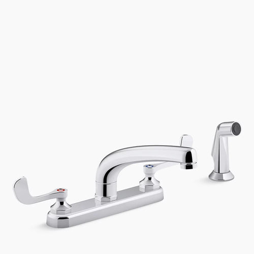 Kohler 1.5 gpm kitchen sink faucet with 8-3/16" swing spout, matching finish sidespray, aerated flow and wristblade handles