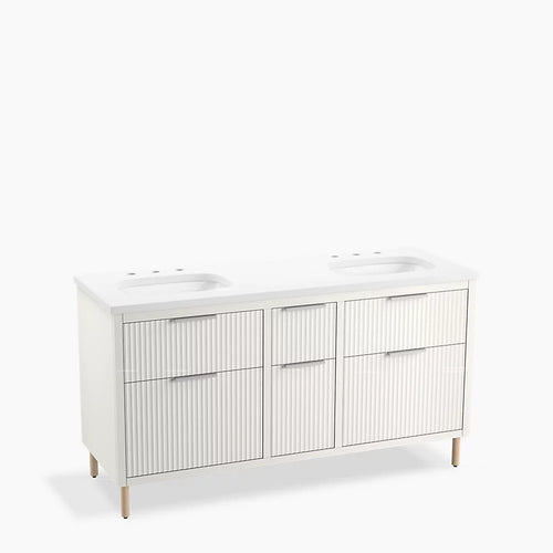 Kohler 60" wall-hung bathroom vanity cabinet with sinks and quartz top