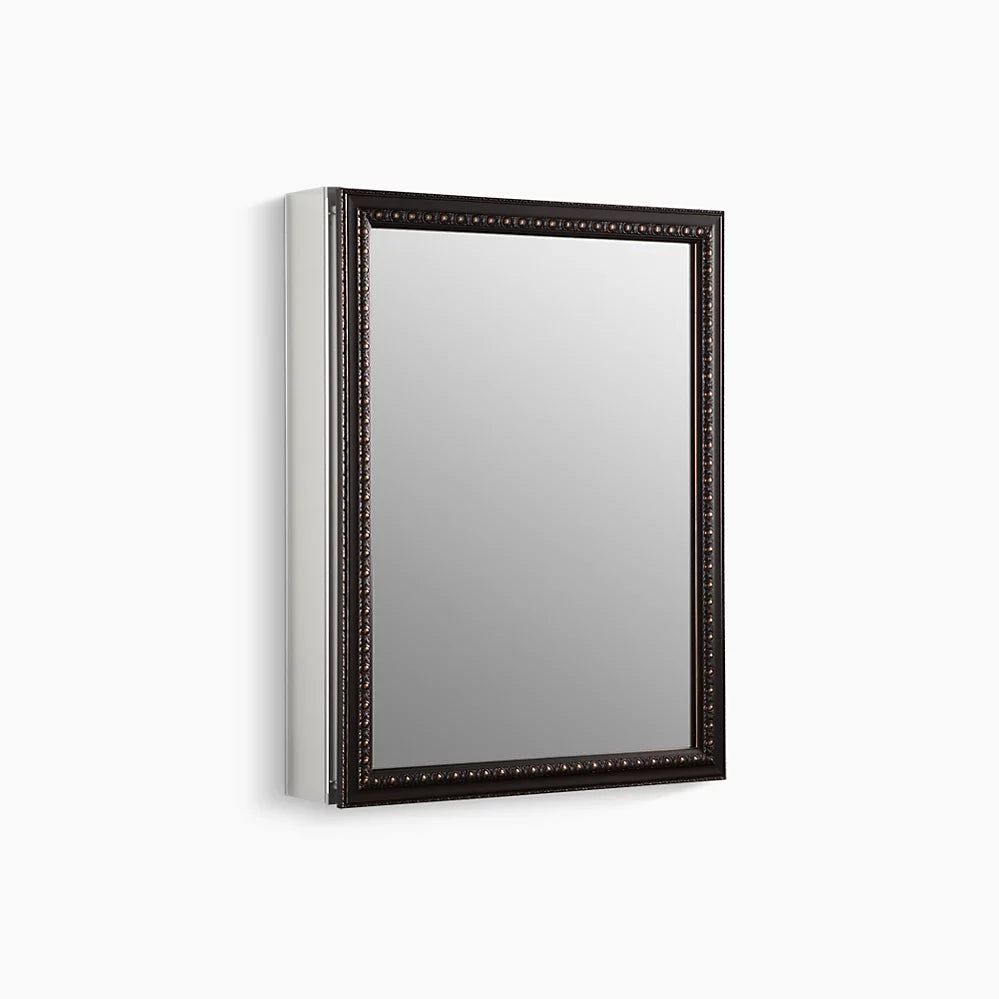 Kohler 20" W x 26" H aluminum single-door medicine cabinet with oil-rubbed bronze framed mirror door