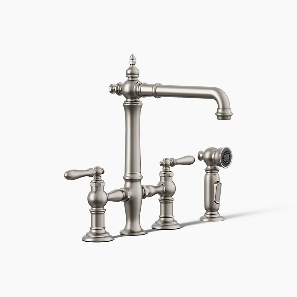 Kohler Three-hole bridge kitchen sink faucet with side sprayer