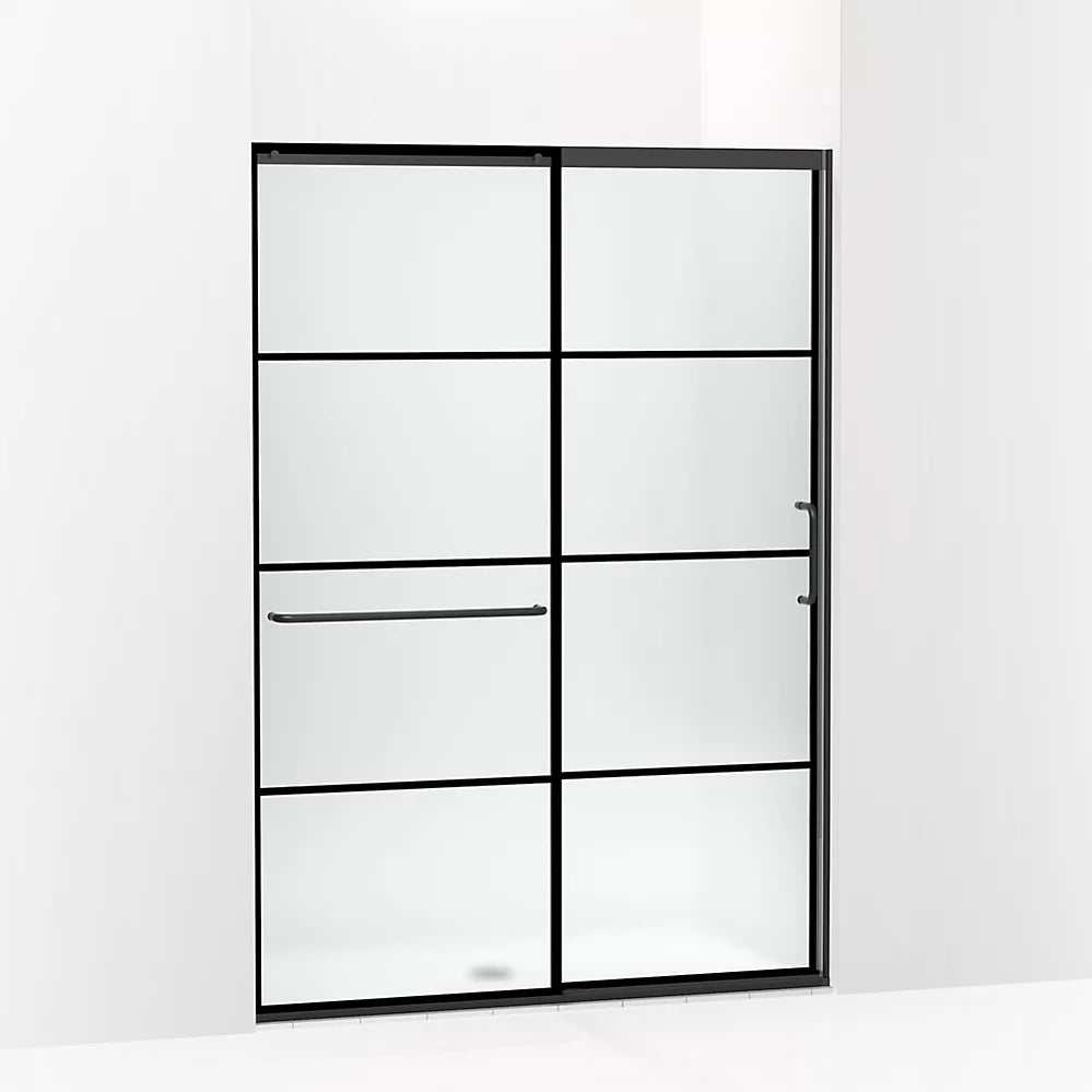 Kohler Sliding shower door, 75-1/2" H x 50-1/4 - 53-5/8" W, with heavy 5/16" thick Frosted glass with rectangular grille pattern