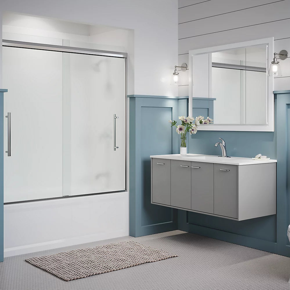 Kohler Frameless sliding bath door, 63-9/16" H x 54-5/8 - 59-5/8" W, with 5/16" thick Frosted glass