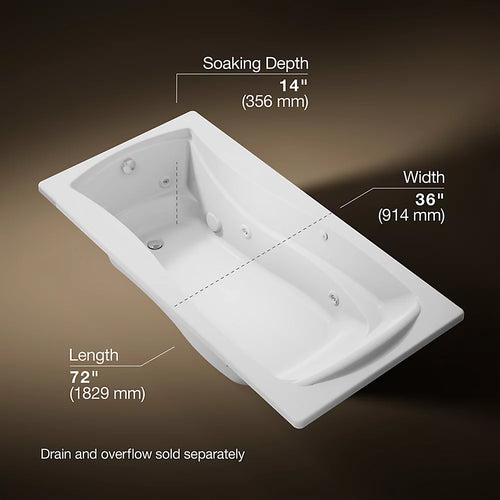 Kohler Mariposa Whirlpool Bath With End Drain Custom Pump Location And Heater 72 x 36-Inch Drop-In Bathtub