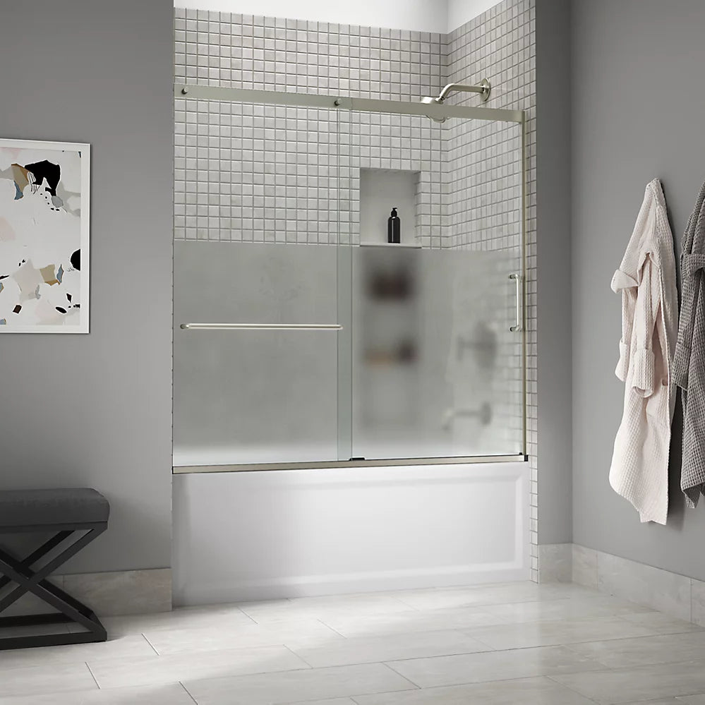 Kohler Sliding bath door, 56-3/4" H x 56-1/4 - 59-5/8" W with heavy 5/16" thick Crystal Clear glass with privacy band