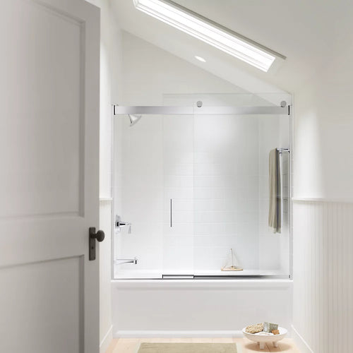 Kohler Sliding bath door, 59-3/4" H x 56-5/8 - 59-5/8" W, with 1/4" thick Crystal Clear glass