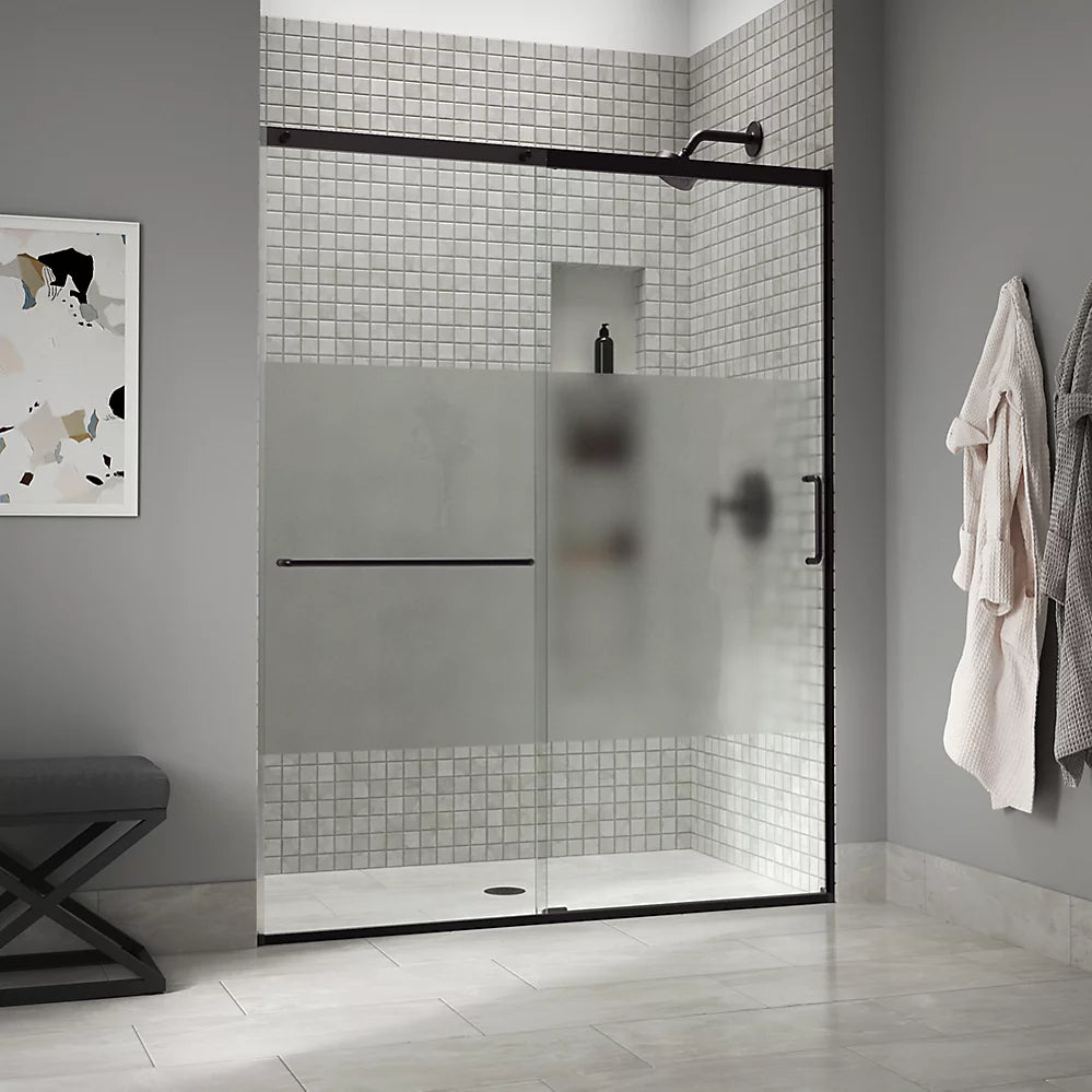 Kohler Sliding shower door, 75-1/2" H x 62-1/4 - 65-5/8" W with heavy 5/16" thick Crystal Clear glass with privacy band